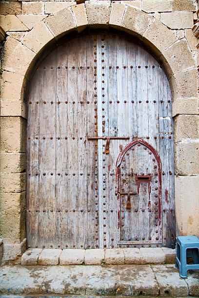 antique door in morocco africa blue wood and metal rusty