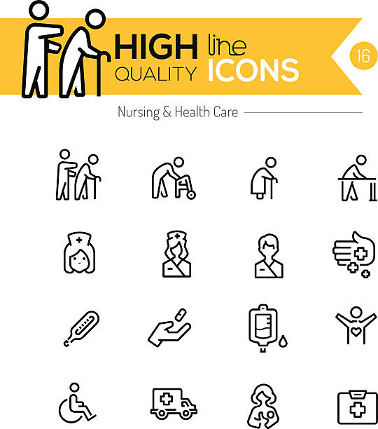 bildbanksillustrationer, clip art samt tecknat material och ikoner med nursing and healthcare line icons series - senior walking