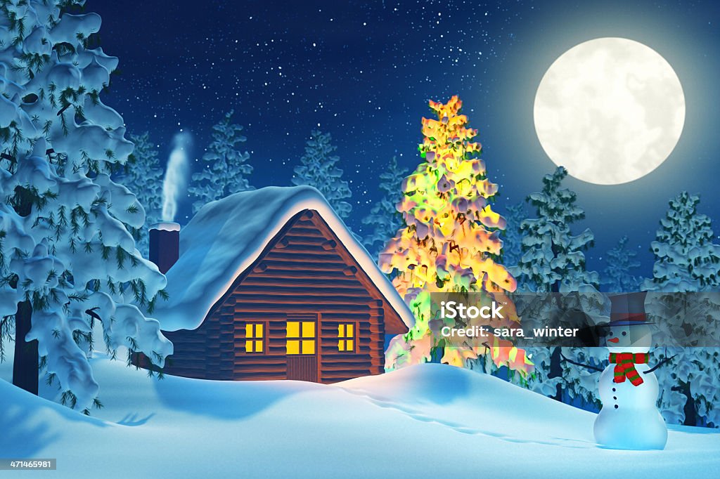 Cabine, Sapin de Noël et Bonhomme de neige en hiver paysage de nuit - Photo de Noël libre de droits