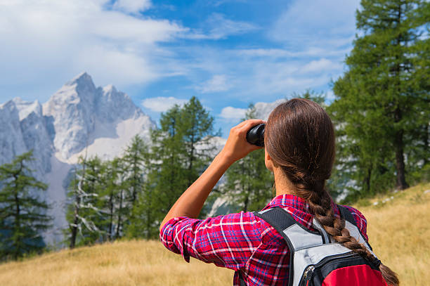 istock Beautiful women observing mountain peak using binocular 471470259