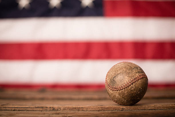istock Vintage Baseball, With American Flag Background 471470665
