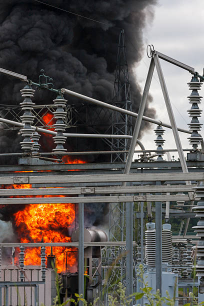 Large fire at an electrical substation stock photo
