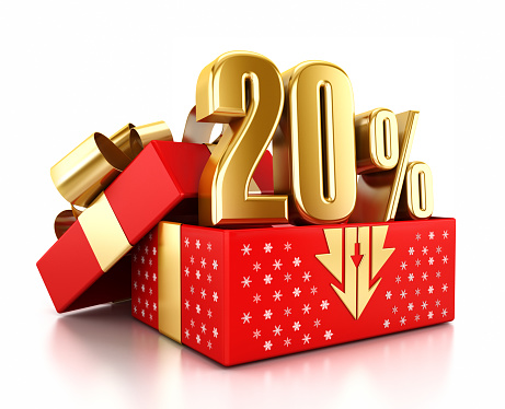 Gold 20% text inside an open gift box decorated with snowflakes. Christmas sale concept.
