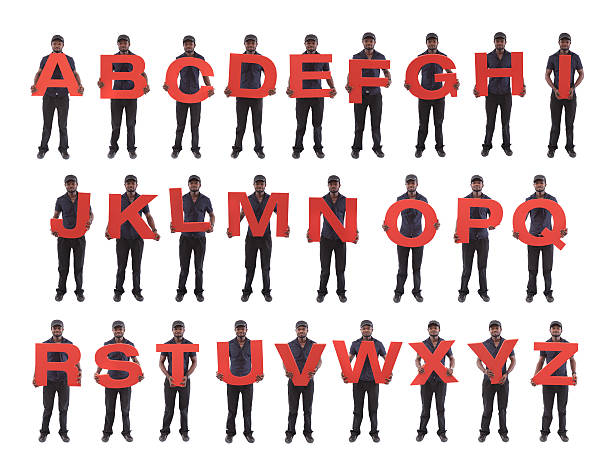 Set of images of man holding letters from A to Z. Young African man holding big 3D letters and smiling at camera. Isolated on white. Full length.