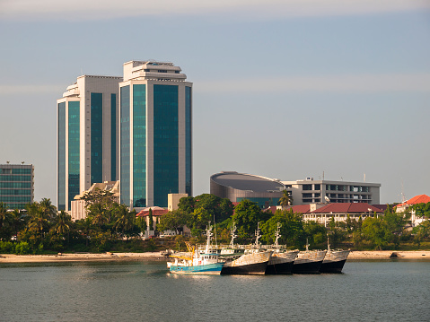 View from the sea, the port of Dar el Salaam, capital city of Tanzania, Africa.