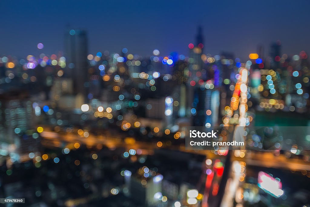 Abstract blur bokeh of Bangkok business area at night Abstract blur bokeh background of city aerial view 2015 Stock Photo