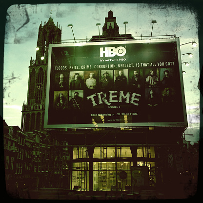Utrecht, The Netherlands- October 9, 2012: A giant advertisement of the HBO television drama series Treme is hanging on the front of a shop in the City center of Utrecht. Treme is a series created by David Simon and Eric Overmyer. The series follows the life of the residents of New Orleans which try to rebuild their lives, their homes and their unique culture in the aftermath of the 2005 hurricane Katrina.