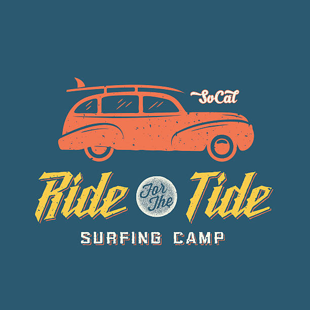 surfing woodie auto im retro-stil-label vorlage oder logo - woodie stock-grafiken, -clipart, -cartoons und -symbole