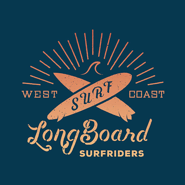 long board surf rowerzystów tło retro wektor etykiety i logo - woodie stock illustrations