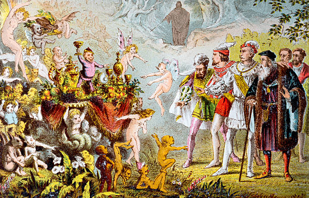 Shakespeare Scene from The Tempest 19th Century Engraving Hand Coloured at time of Publication. william shakespeare illustrations stock illustrations
