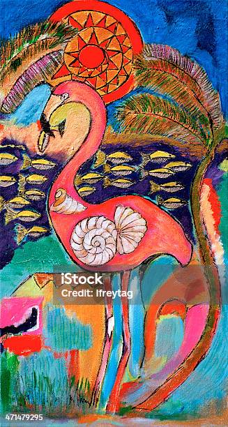 원래 그림 Flamingo 캔버스에 Acryic 홍학에 대한 스톡 벡터 아트 및 기타 이미지 - 홍학, 껍데기, 물고기