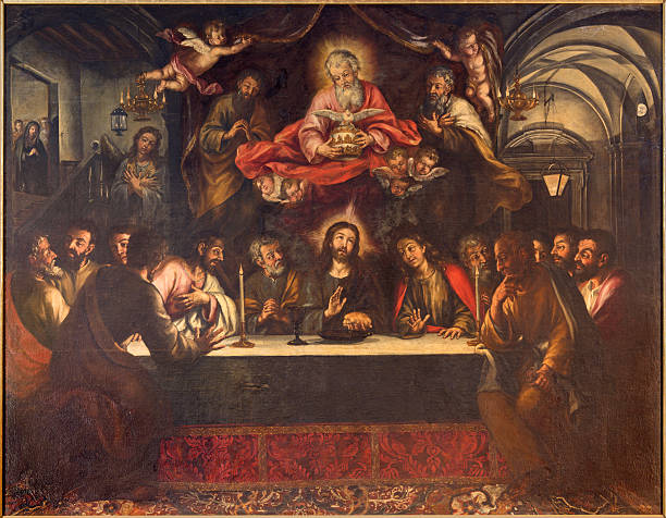 Seville - paint of Last supper in los Venerables church Seville - The paint of Last supper on the main altar by Lucas Valdes from 17. cent. in baroque church Hospital de los Venerables Sacerdotes. last supper stock illustrations