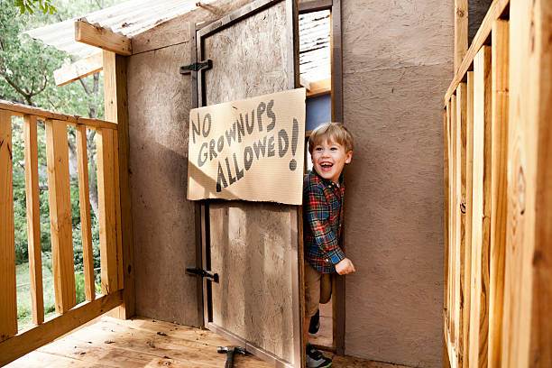 istock A tree house with a little boy opening the door 471482317