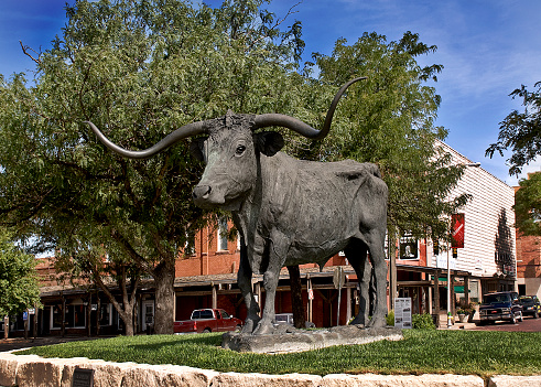 Large Longhorn statue in honor of the huge cattle drives of the 19th Century that made Dodge City.