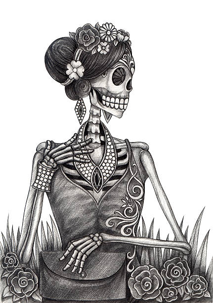 Art Skull fashion and jewelry Day of the dead. Women skull smiley face post action fashion and jewelry day of the dead festival hand pencil drawing on paper. skull photos stock illustrations