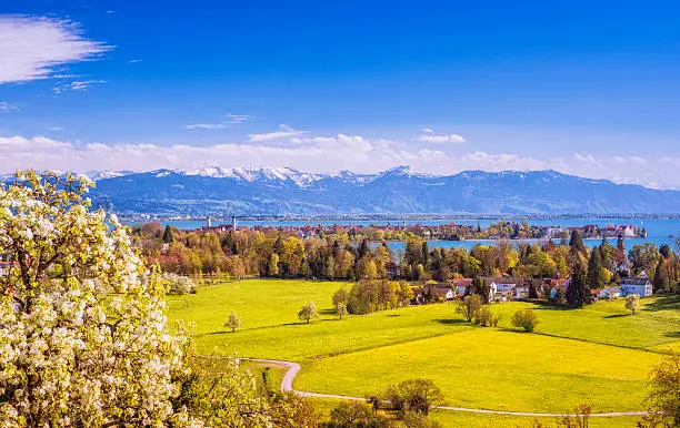 Elevated view on the beautiful bavarian island town of Lindau at Lake Constance (Bodensee), with blooming apple trees and the snow-covered Austrian alps and town of Bregenz at the distance.