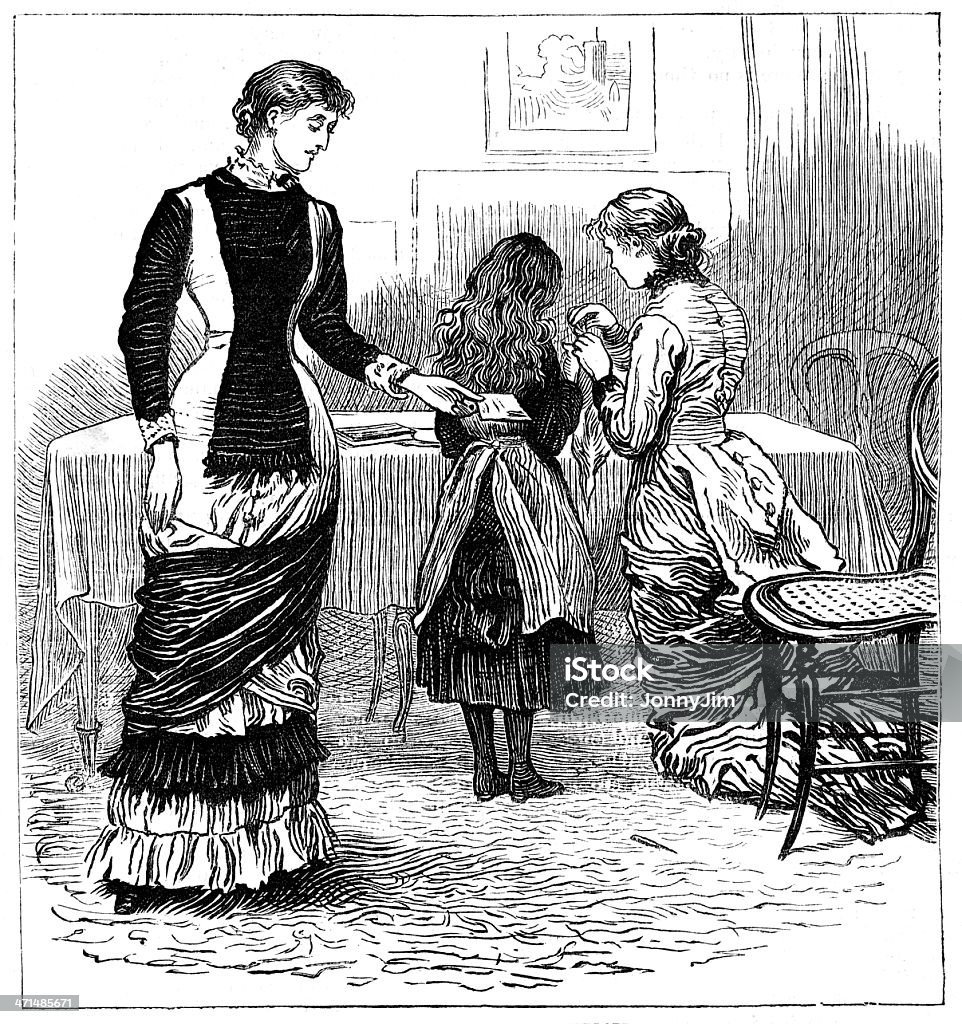 Victorian domestic escena de 1880 journal - Ilustración de stock de Blanco y negro libre de derechos