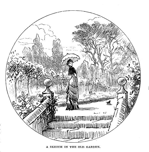 istock Victorian woman with parasol standing in garden from 1880 journal 471485997