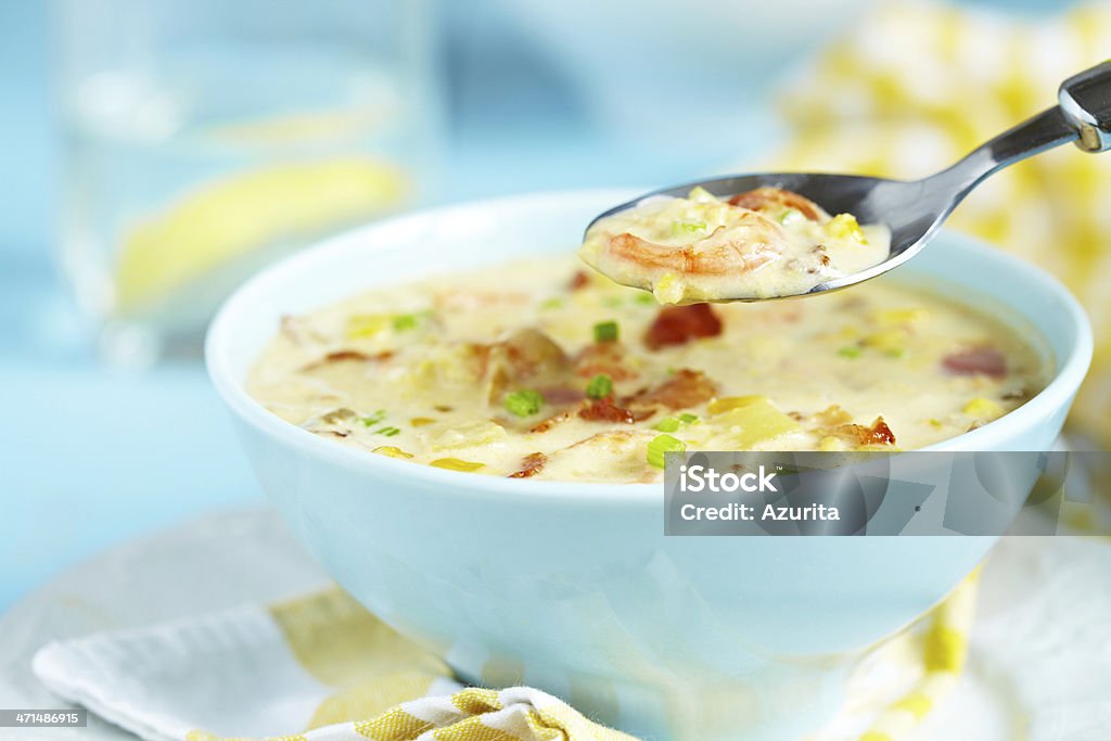 Closeup of chowder with shrimp Chowder with Sweet Corn, Shrimp and Bacon Shrimp - Seafood Stock Photo