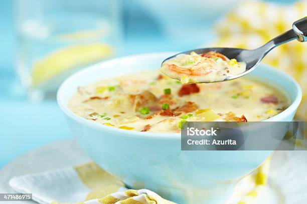 Closeup Of Chowder With Shrimp Stock Photo - Download Image Now - Shrimp - Seafood, Chowder, Soup