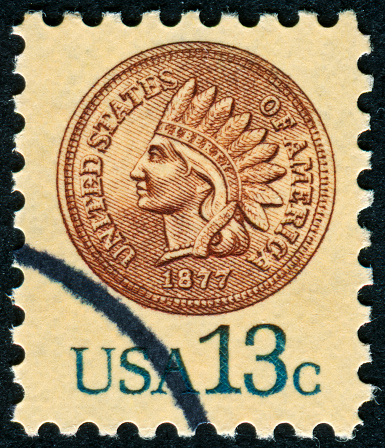 Cancelled Stamp From The United States Featuring An Old American One Cent Coin Called The \