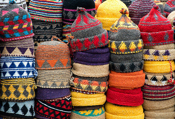 Colourful fez market stall in the Marrakech souk
