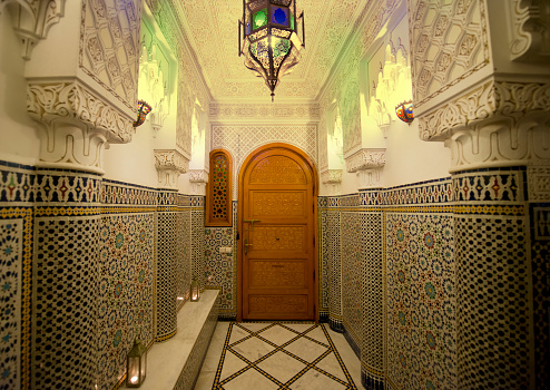 Rich decorated interior in moroccan riad, Morocco