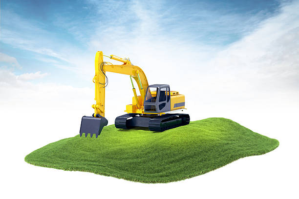istock island with heavy excavator machine floating in the air 471489022