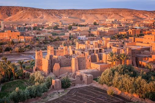 Warm early morning light on Ait-Ben-Haddou (also transcribed as Ait Benhaddou).