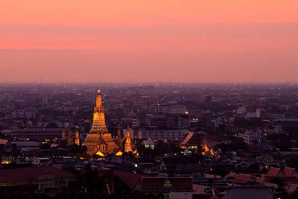 Top view of Wat Arun with a Orange sky.