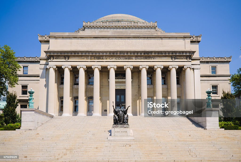 Low Memorial Library at Columbia University in New York City Low Memorial Library at Columbia University in New York City. The statue "Alma Mater," installed in 1904 and sculpted by Daniel Chester French (1850-1931), is seen midway up the steps.  Columbia University Stock Photo