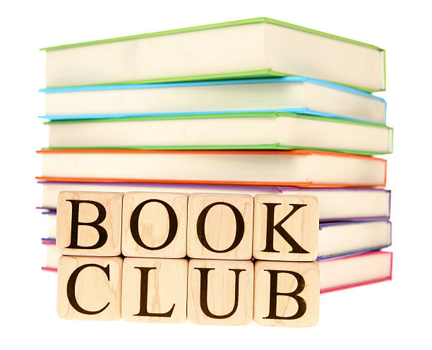 Stack of books in rainbow colors with a wood book club sign Books stacked in background with "Book club" spelled out in wooden blocks in front, on a white background capital letter photos stock pictures, royalty-free photos & images