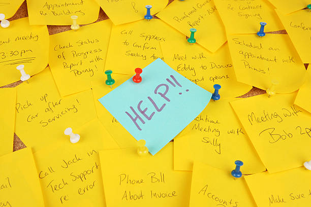 Over Booked Lots of appointments and reminders on a corkboard with "Help" pinned in the middle.  Overworked, stressed and needing help busy calendar stock pictures, royalty-free photos & images
