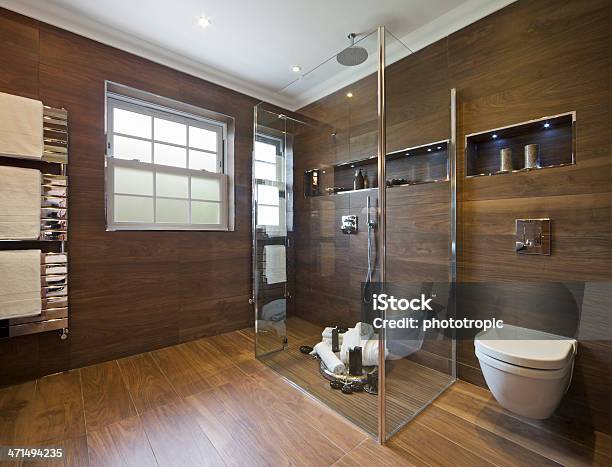 Luxury Bathroom With Wood Effect Tiles Stock Photo - Download Image Now - Faux Wood, Tile, Tiled Floor