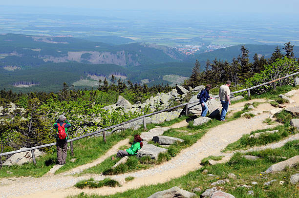 wanderer, die auf dem gipfel des berg brocken - berg brocken stock-fotos und bilder