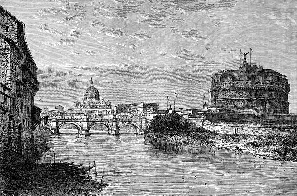 Old illustration of Tiber River and St. Peter's Basilica Tiber River and St. Peter's Basilica michelangelo stock illustrations