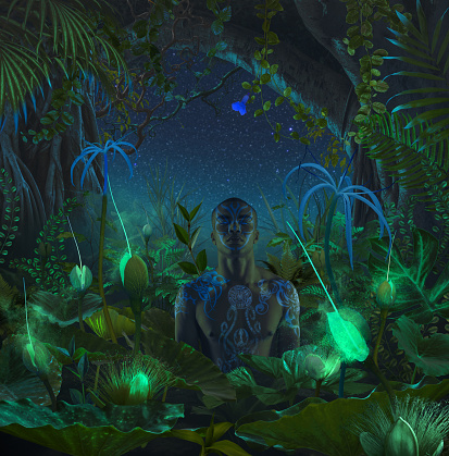 Black man with luminosity tattoo meditation in night jungle