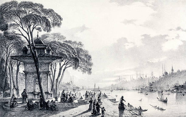 Engraving of Istanbul, Bosphorus,  Uskudar, Illustration from "Book of L'Orient", dated 1839