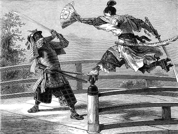 Samurai hero Yashitzone The Samurai hero Yashitzone in combat with an armoured opponent asian armor stock illustrations