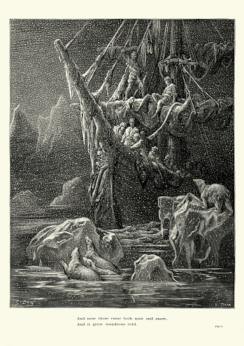 Vintage engraving by Gustave Dore of a scene from the Rime of the Ancient Mariner, And now there came both mist and snow, And it grew wondrous cold. The Rime of the Ancient Mariner is the longest major poem by the English poet Samuel Taylor Coleridge. It relates the experiences of a sailor who has returned from a long sea voyage. The mariner stops a man who is on the way to a wedding ceremony and begins to narrate a story. 1882