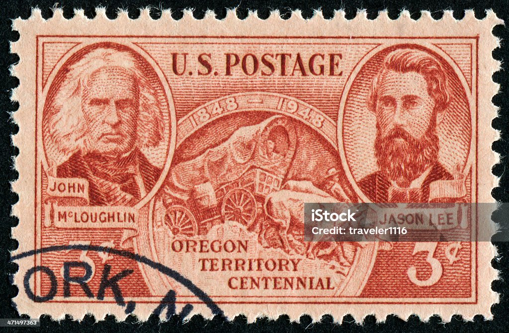 Oregon Territory Centennial Stamp Cancelled Stamp From The United States Commemorating The 100th Anniversary Of The State Of Oregon.  Featured On The Stamp Are John McLoughlin (1784-1857) And Jason Lee (1803-1845).  McLoughlin Is Known As The "Father Of Oregon" And Lee Was The First Oregon Missionary. 100th Anniversary Stock Photo