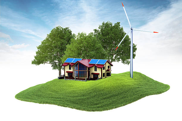 istock island with house and wind generator floating in the air 471497430