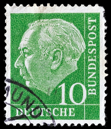 Stockholm, Sweden - February 10, 2013: Stamp printed in the Germany shows Theodor Heuss, 1st President of the Federal Republic of Germany, 1949-1959, circa 1959.