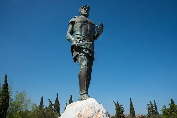 Statue of Miltiades (Miltiades the Younger) the General who defeated with the greek Army the invading Persians at the Battle of Marathon in 490 BC. Bronze statue, Tomb of the Athenians, Archaeological Site of Marathon, Attica, Greece.