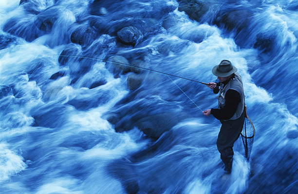 fliegenfischen in chile - fly fishing fishing river fisherman stock-fotos und bilder