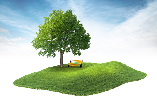 3d rendered illustration of an island with tree and bench floating in the air on sky background