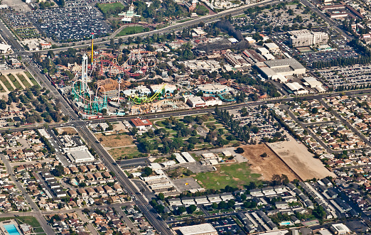 Buena Park, California, USA - 4th April, 2013: An aeriel view of Buena Park, California, featuring the Knott's Berry Farm Theme Park, owned by the Cedar Fair Entertainment Company.