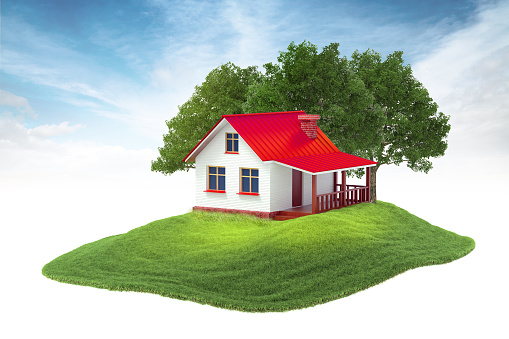 3d rendered illustration of house and trees floating in the air on sky background