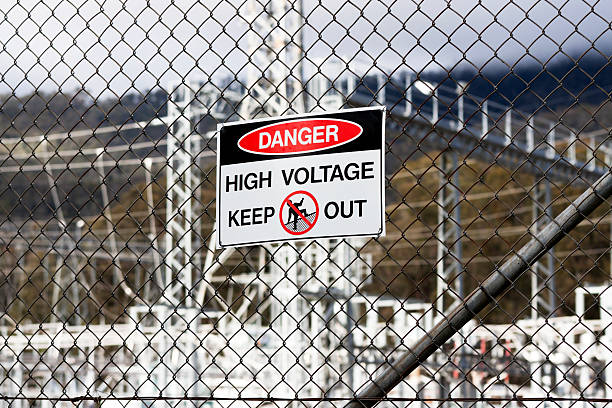 istock Warning sign DANGER HIGH VOLTAGE on wire fence 471500403