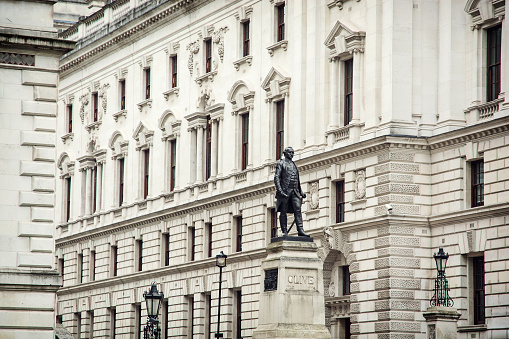 Robert Clive's statue and Churchill War Rooms in London, Great Britain.